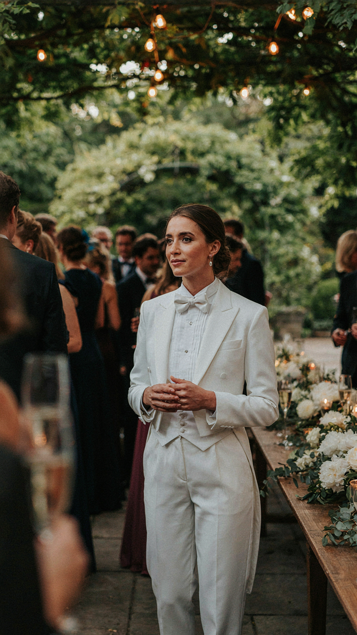 A person wearing a brilliant white tuxedo dress at a well-lit event.