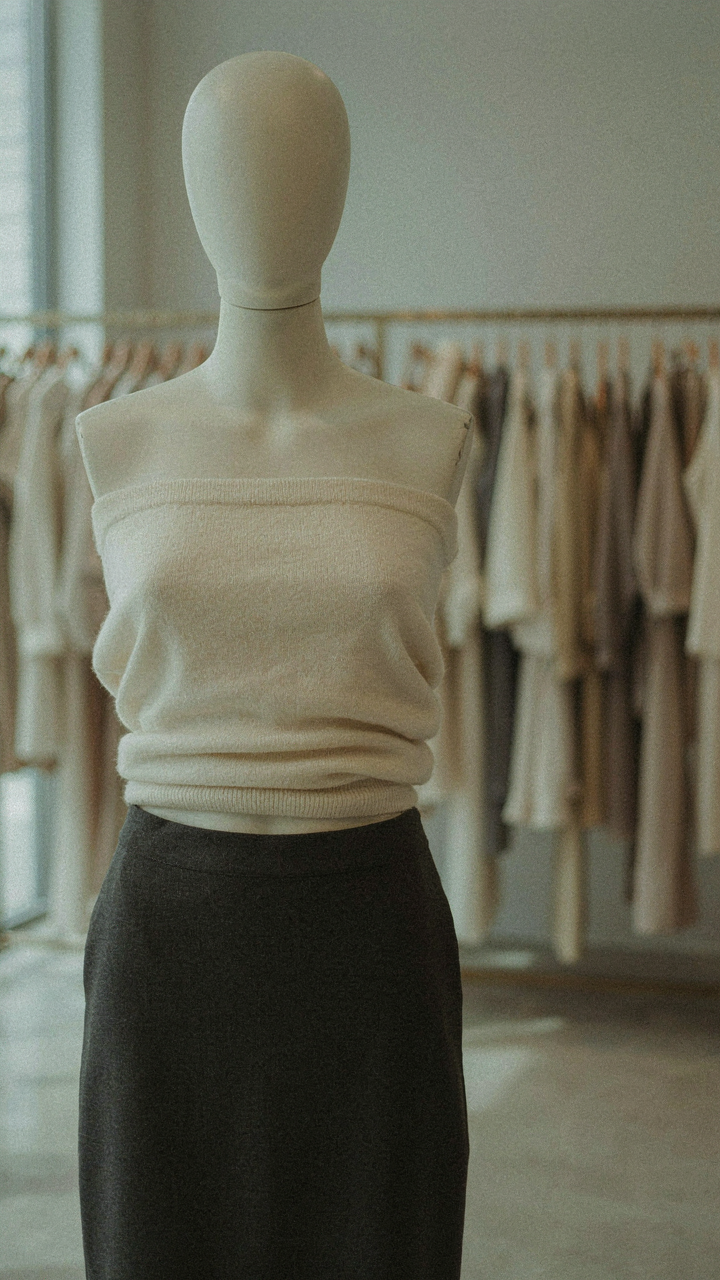 A mannequin wearing a matching set, with the top and bottom clearly mismatched in size.