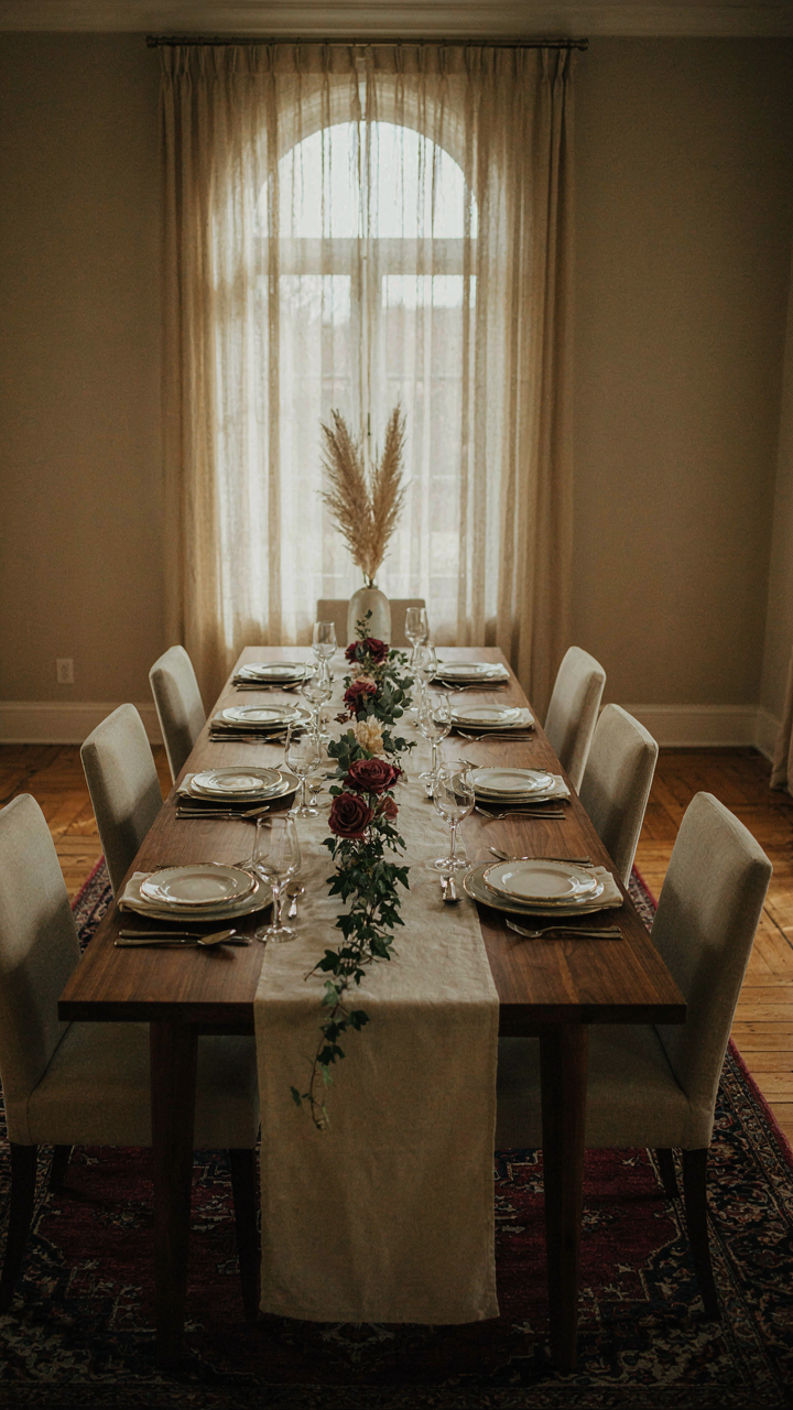 An elegant dining room is set for a special dinner party.
