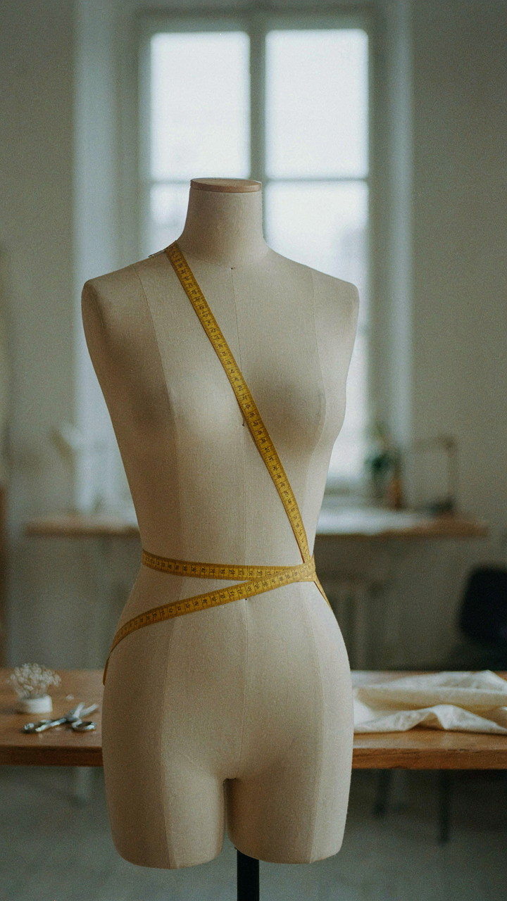 A tailor's tape measures a plus size mannequin's torso for a dress fitting.
