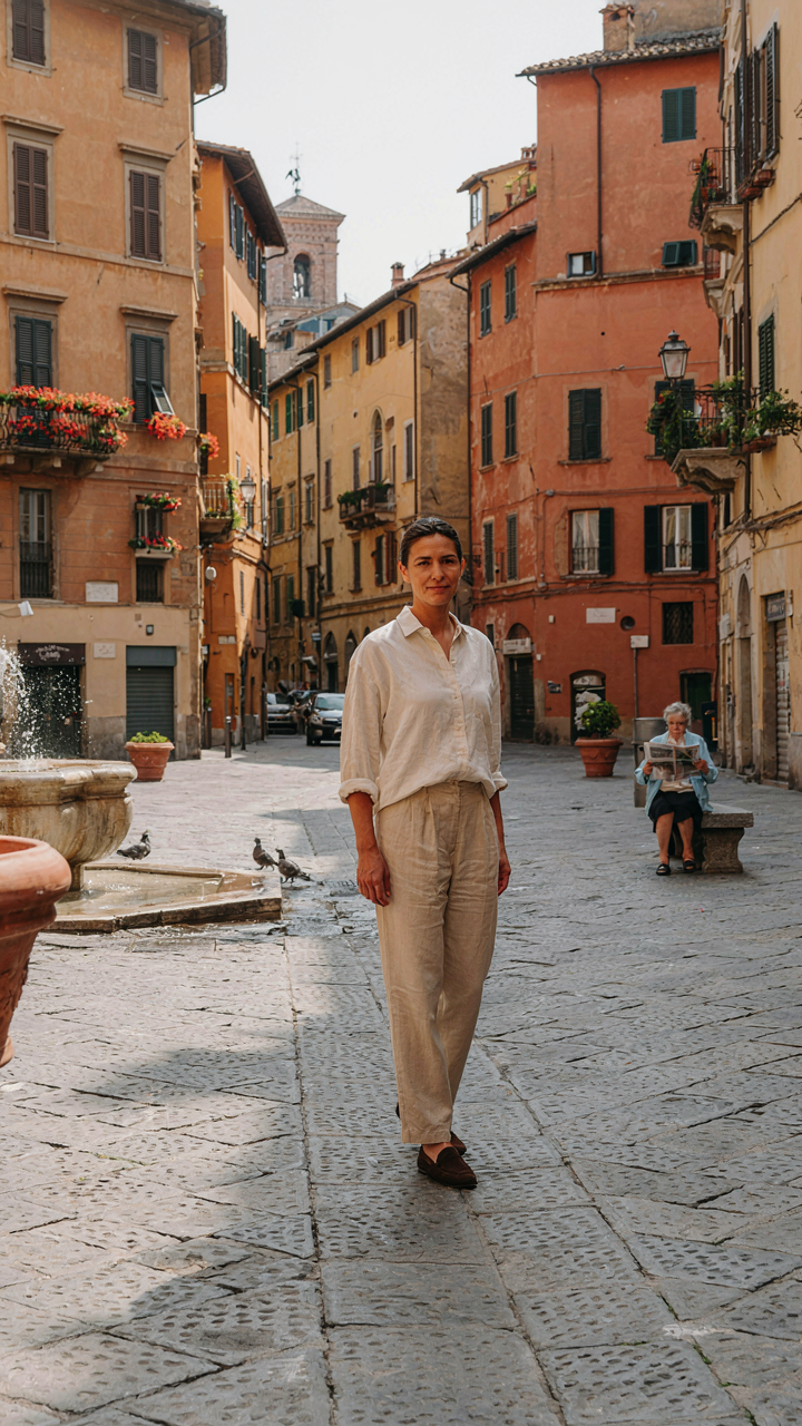 A person walks through a European city in a fitted linen outfit.