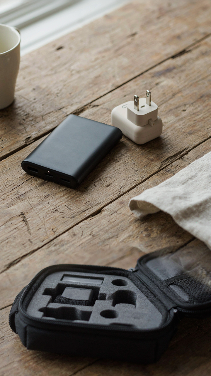 A portable power bank, a travel adapter, and an insulated case sit on a table.