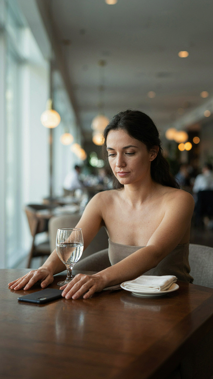 A woman with poised posture places her phone face down at a table.