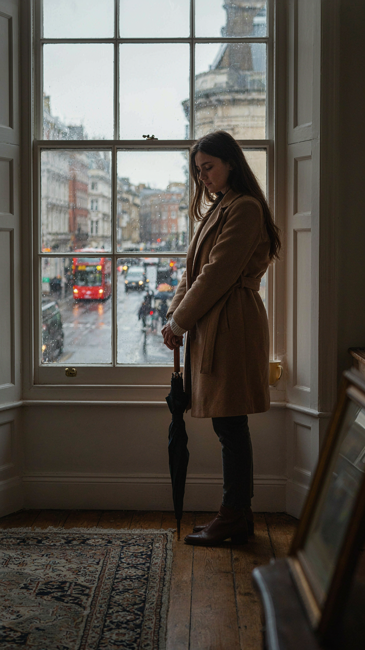 A person calmly watches rain from a window, wearing a practical wool coat.