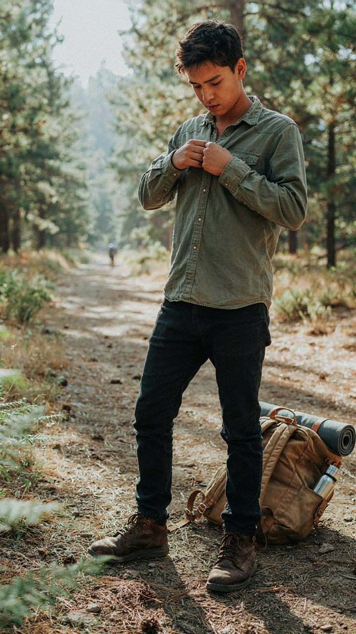A traveler inspects a torn shirt, considering their limited clothing options.