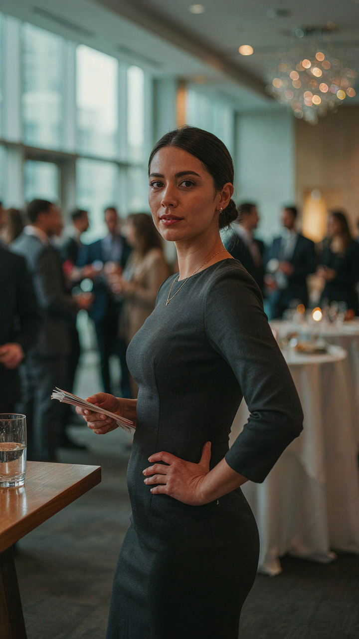 A confident woman in a fitted dress makes steady eye contact at a networking event.