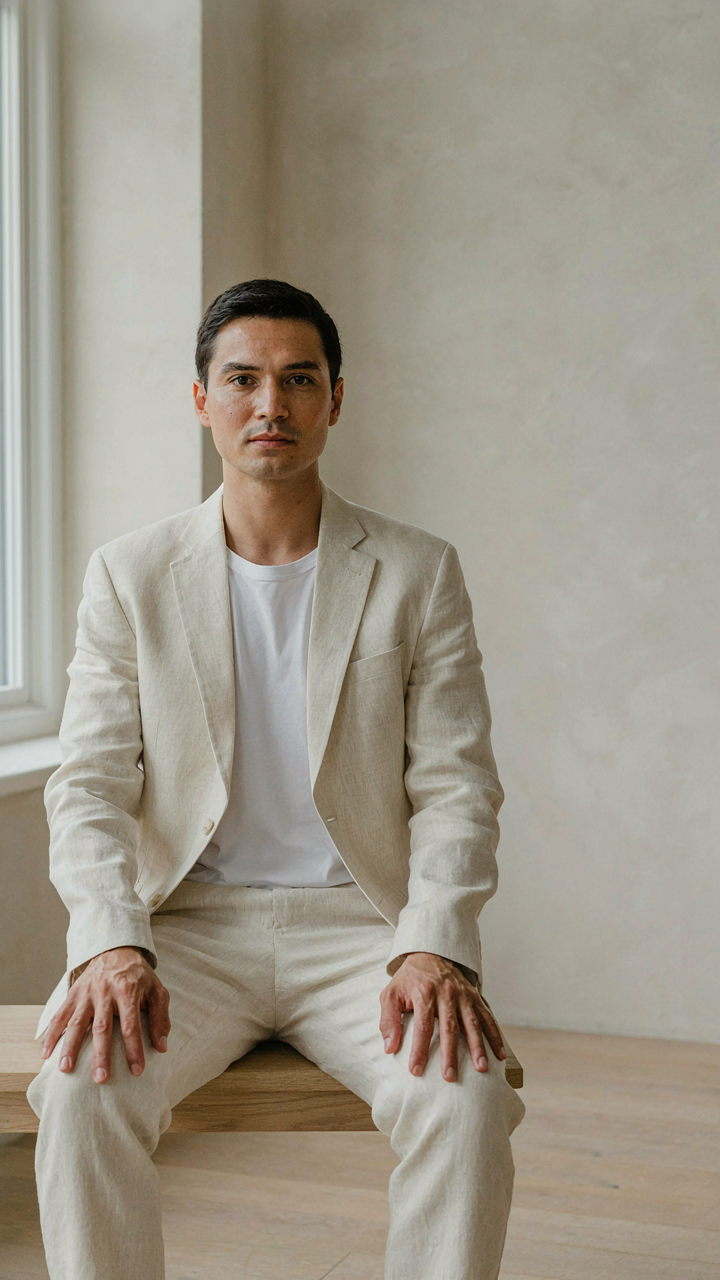 A person sitting with calm posture, wearing a well-fitted linen blazer.