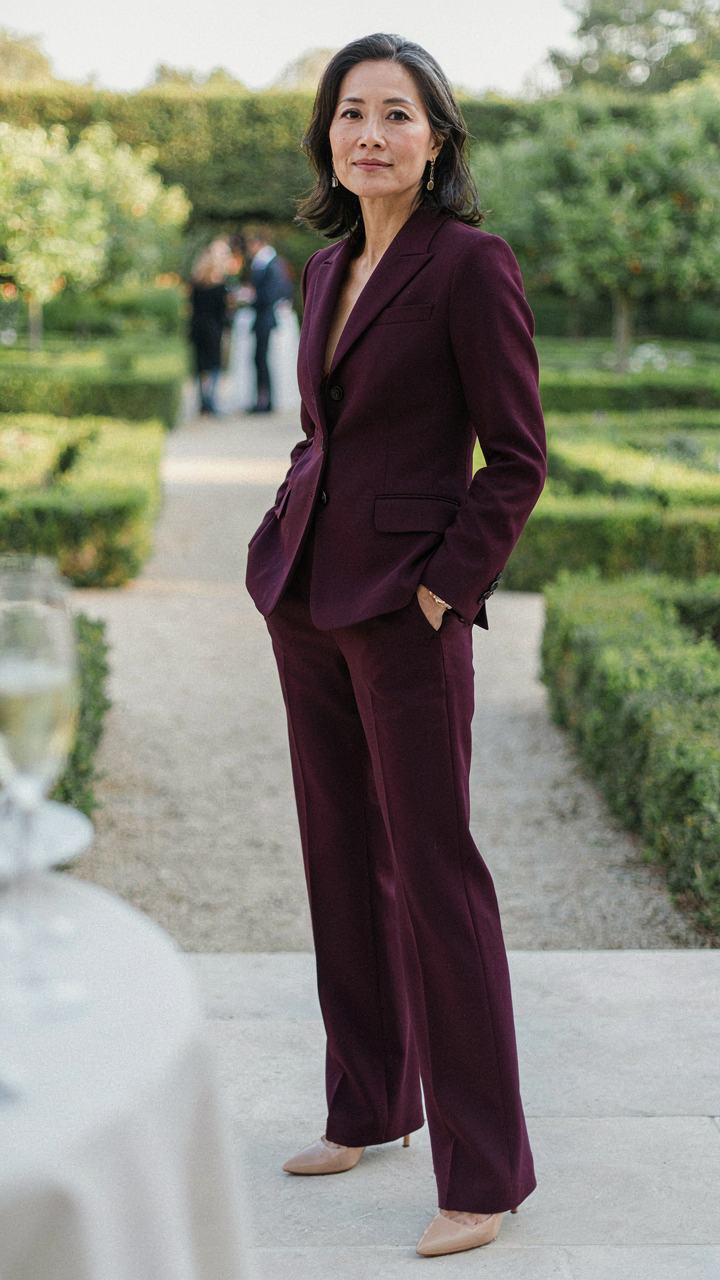 A woman over 40 in a tailored plum pantsuit stands at an outdoor garden event.