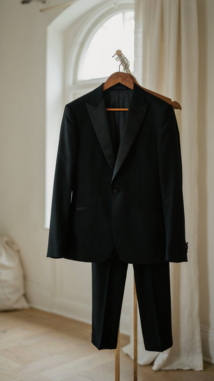 A sharply tailored black tuxedo jacket for women hangs on a hanger.