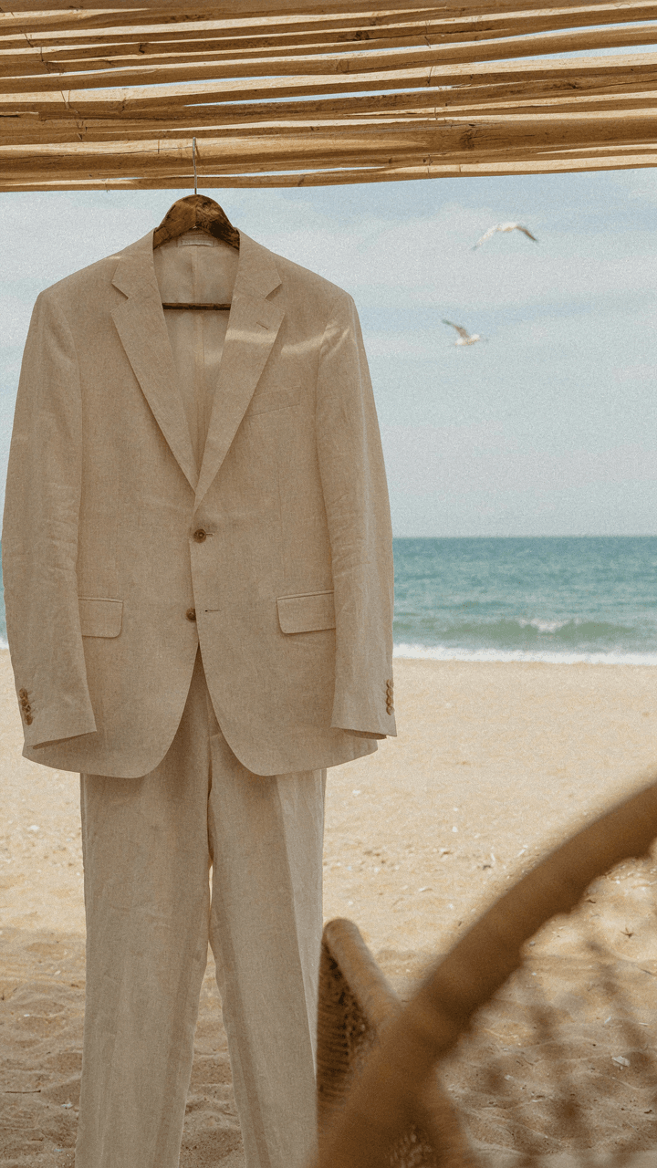 A linen suit hangs at an outdoor beachside venue, showing beach wedding guest attire.