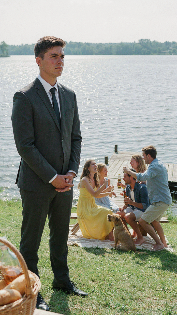 A person in formal wear struggles with heat at a casual lakeside event, looking uncomfortable.
