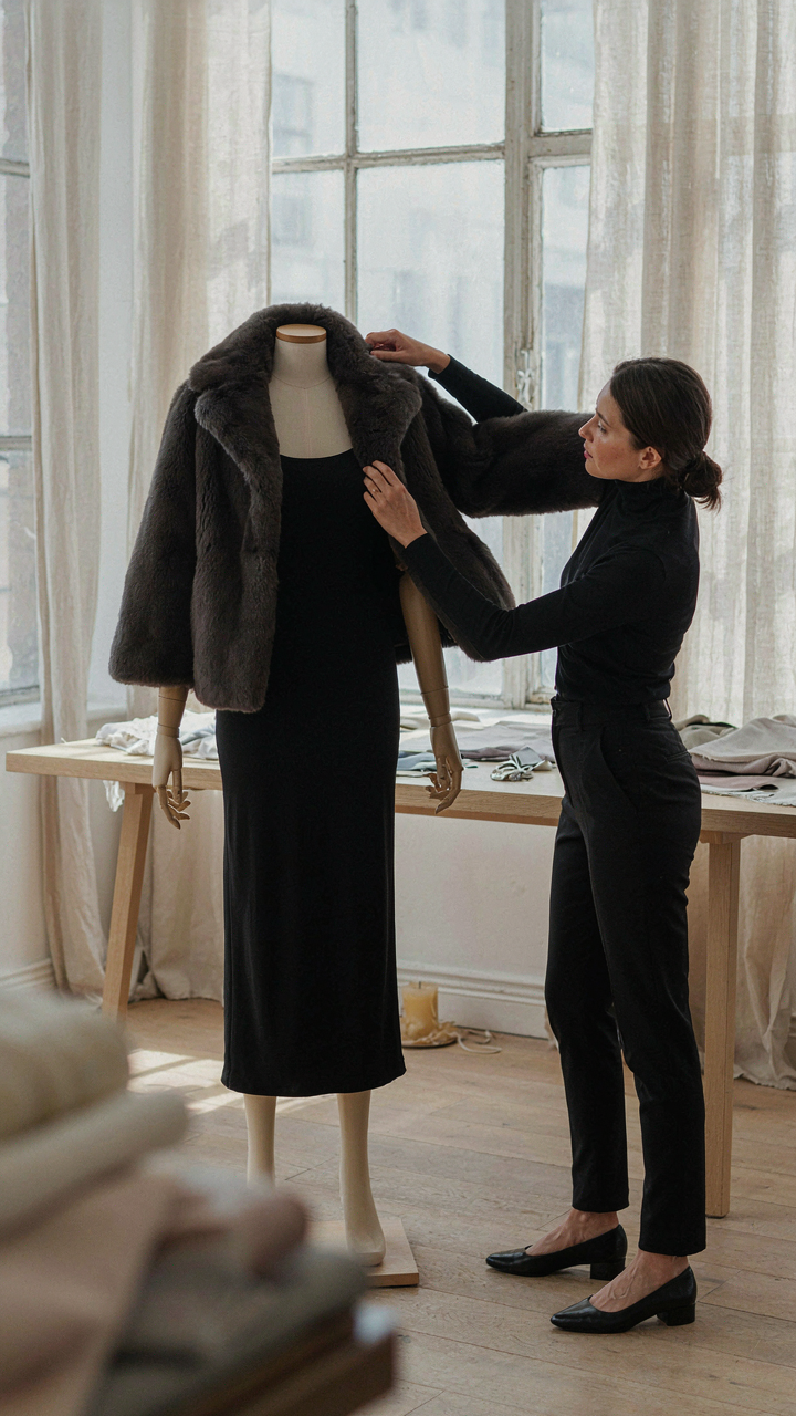 A fashion designer drapes a charcoal faux fur coat over a black dress.