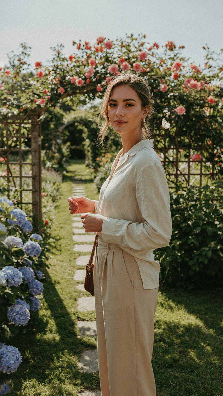 Woman with an updo and natural makeup smiles in a sunny garden.