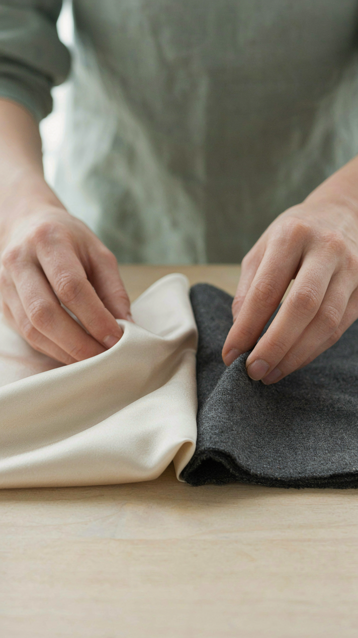 Hands touching high quality silk charmeuse and wool crepe fabrics.