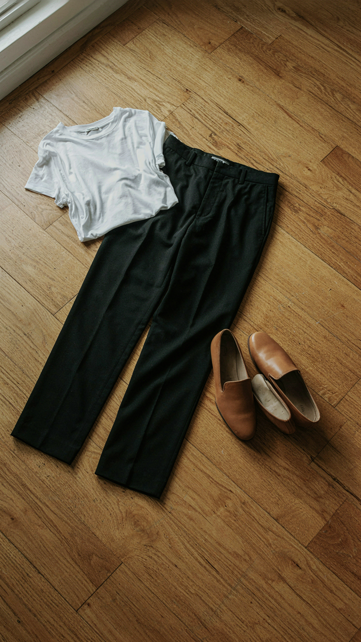 Black satin pants are paired with a white t-shirt and modern loafers.