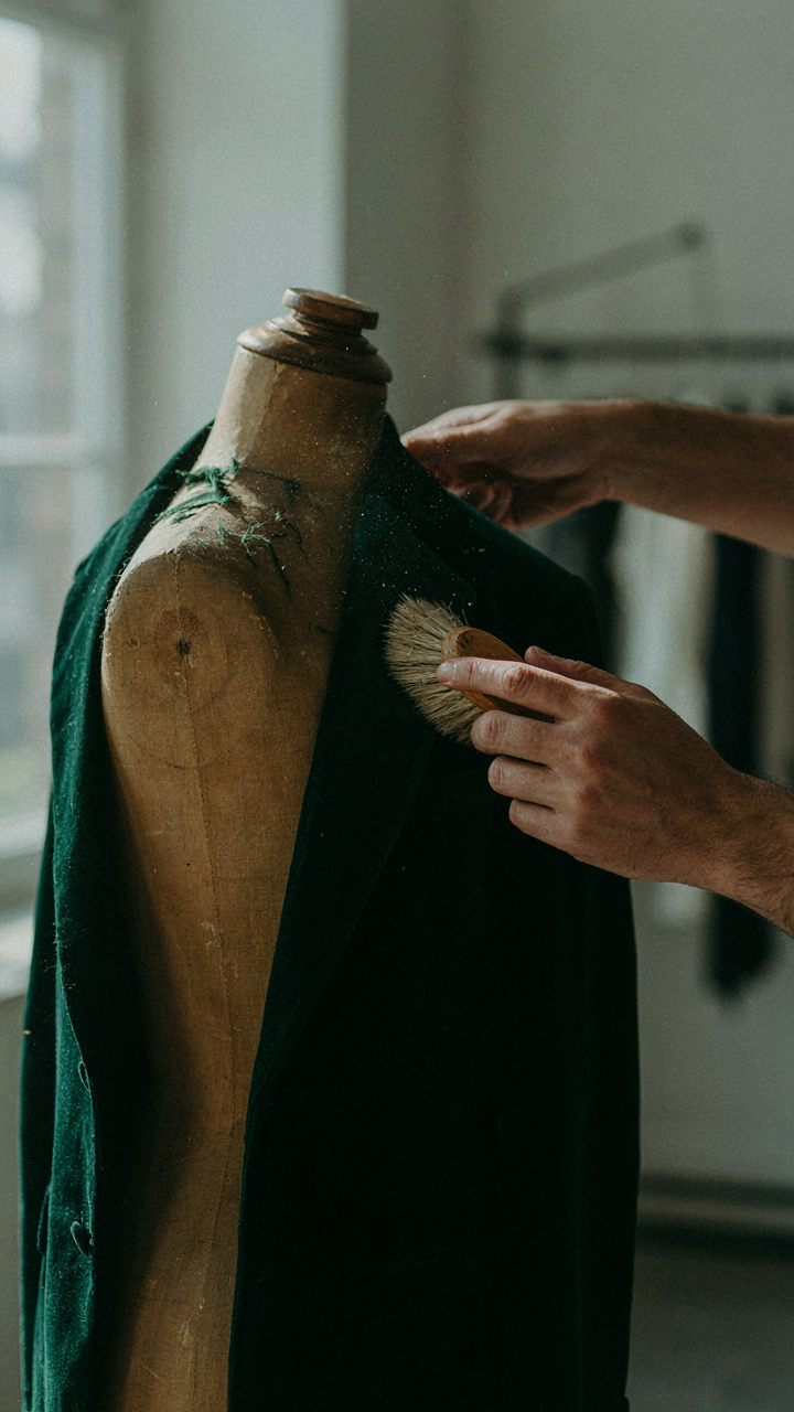 Soft-bristled garment brush gently brushing the nap of a velvet blazer.