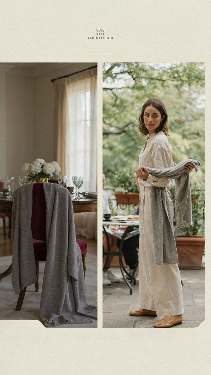 A gray cashmere shawl in a formal dining room and at an outdoor cafe.