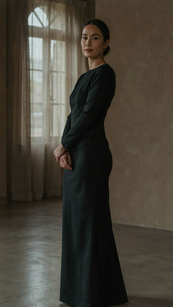 An elegant woman stands with confident posture and a calm gaze.