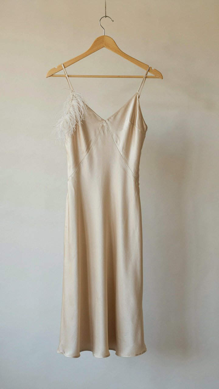A silk slip dress with feather trim on one shoulder seam.