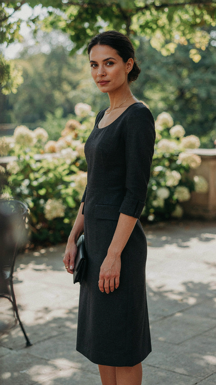 Stylish woman in a structured wedding guest dress, with elegant jewelry and clutch.