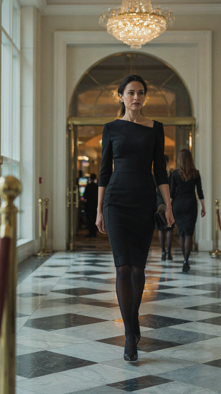 A woman in a unique black dress stands out in a casino.