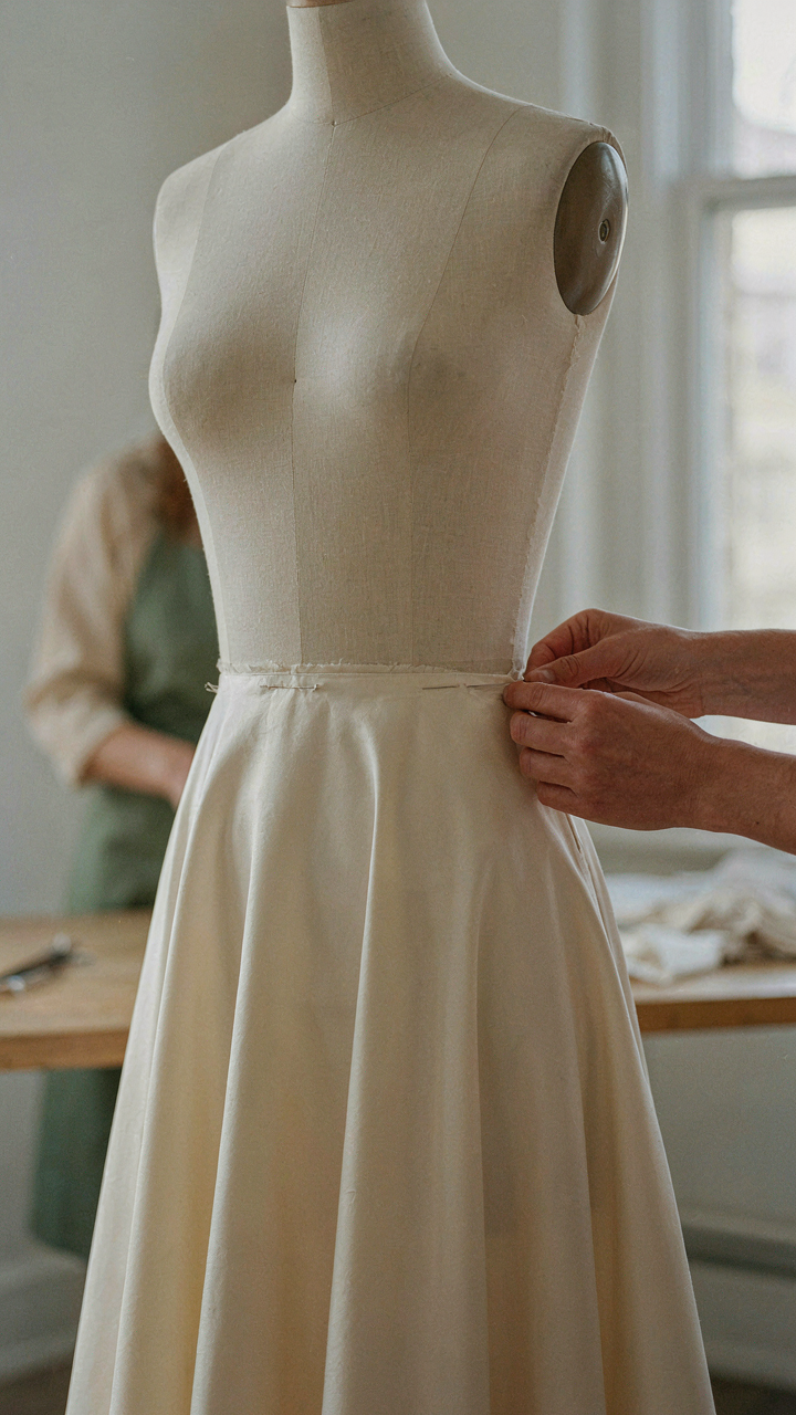 Tailor's hands pinning an A-line skirt, showing the angled fabric panels.