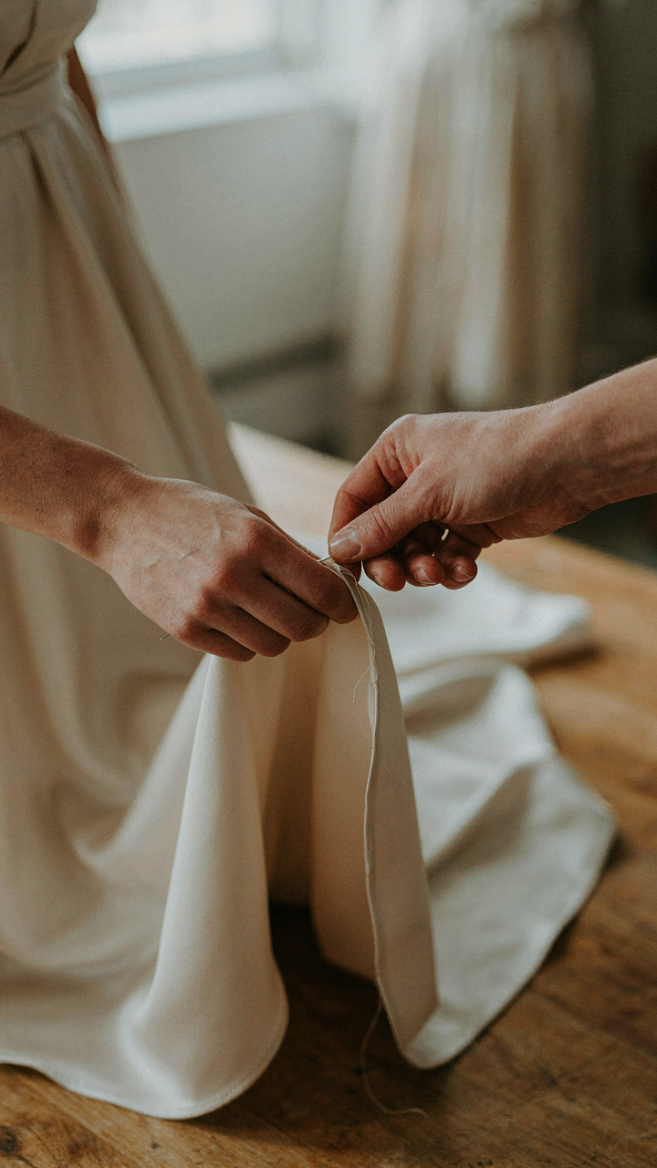 A tailor's hand precisely adjusts the hem of an evening gown.
