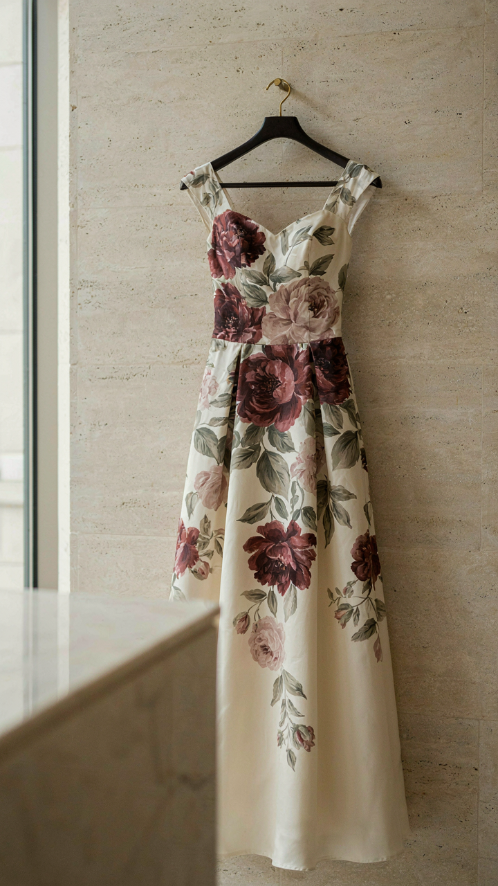 A luxury floral cocktail dress with big flower designs is displayed in a store.