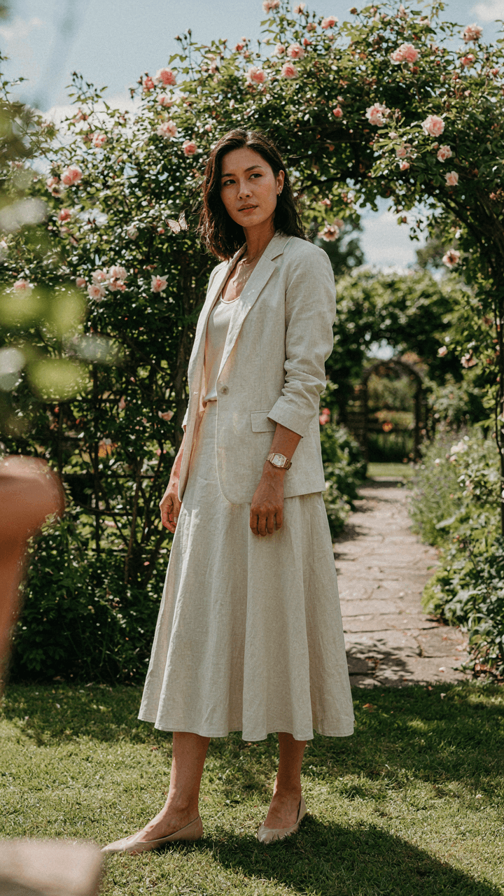 Woman in a cream linen blend blazer and A-line skirt, wearing a statement watch.