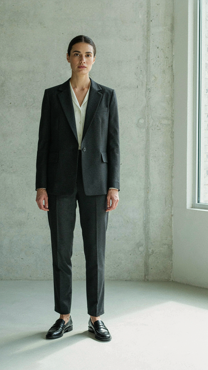 A person stands with perfect, confident posture in sharp daytime formal attire.