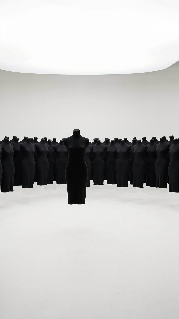 Many identical black bodycon dresses on mannequins in a store.