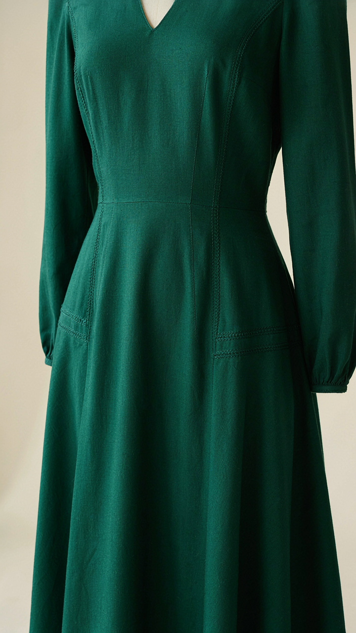 Close-up of a jewel-toned silk dress with precise stitching and seams.