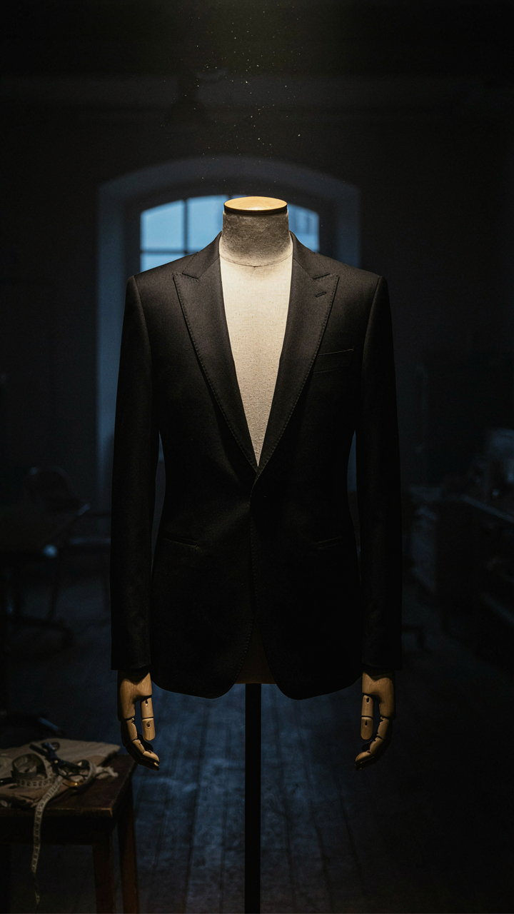 A tailored black tuxedo jacket on a mannequin in an atelier, showing precise construction.