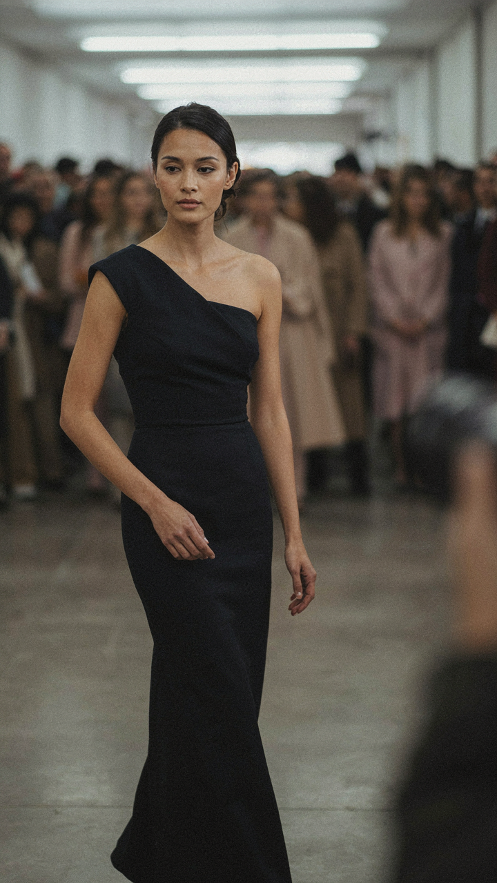 A woman in a sculptural dark dress stands out in a formal crowd.