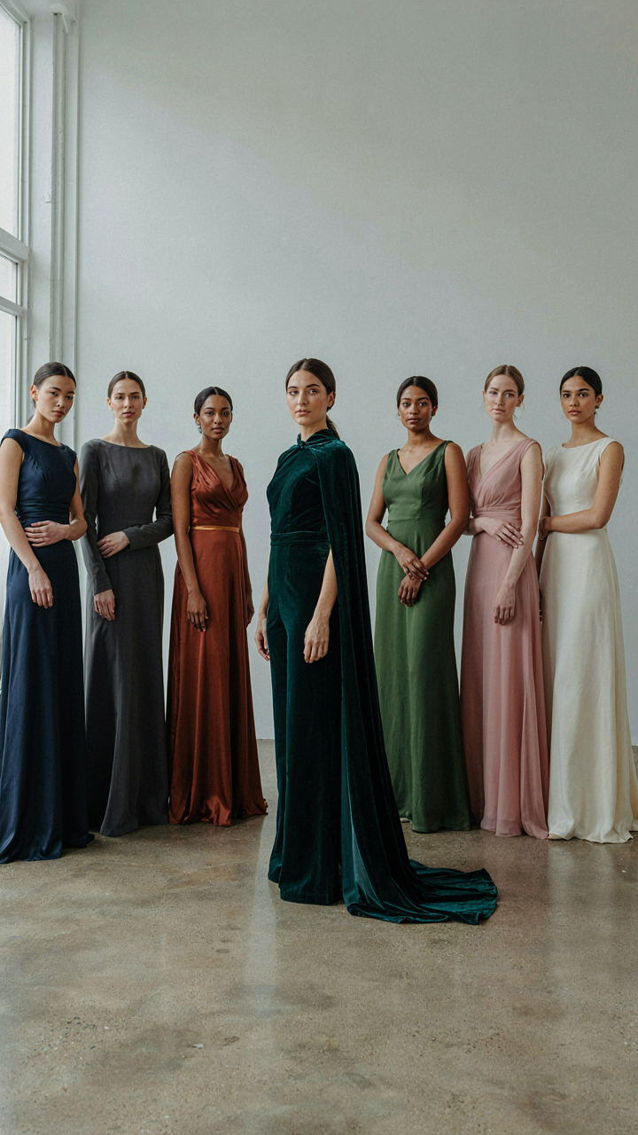 One person in a jumpsuit with cape formal stands out among many in identical gowns.