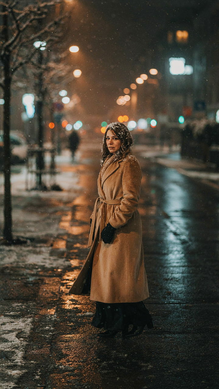 A woman wears a long, elegant topcoat over a formal dress in the snow.