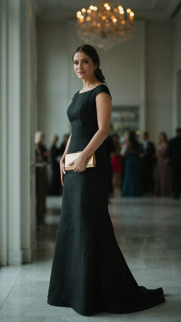 A woman in a dark new years eve wedding guest dress with a gold clutch.