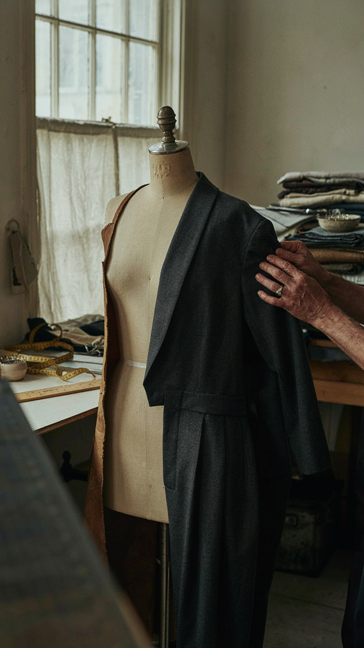 A tailor's hands adjust the sleeve of a wool crepe jumpsuit on a mannequin.