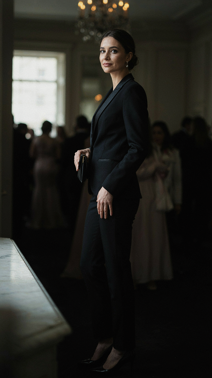 A woman wears a perfectly tailored tuxedo jacket and trousers at an elegant event.
