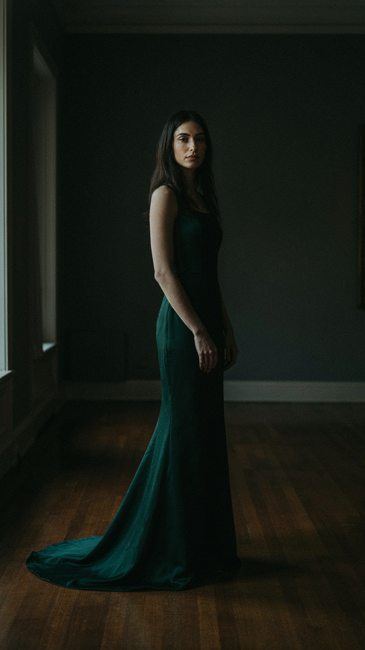 A woman in an evening gown stands with elegant posture, spine elongated.