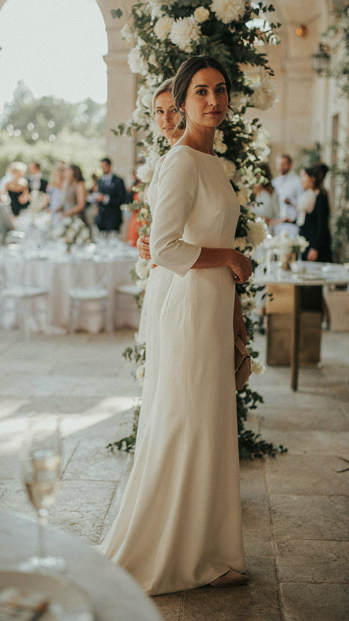 A woman in a formal dress confidently wears stylish leather flats.