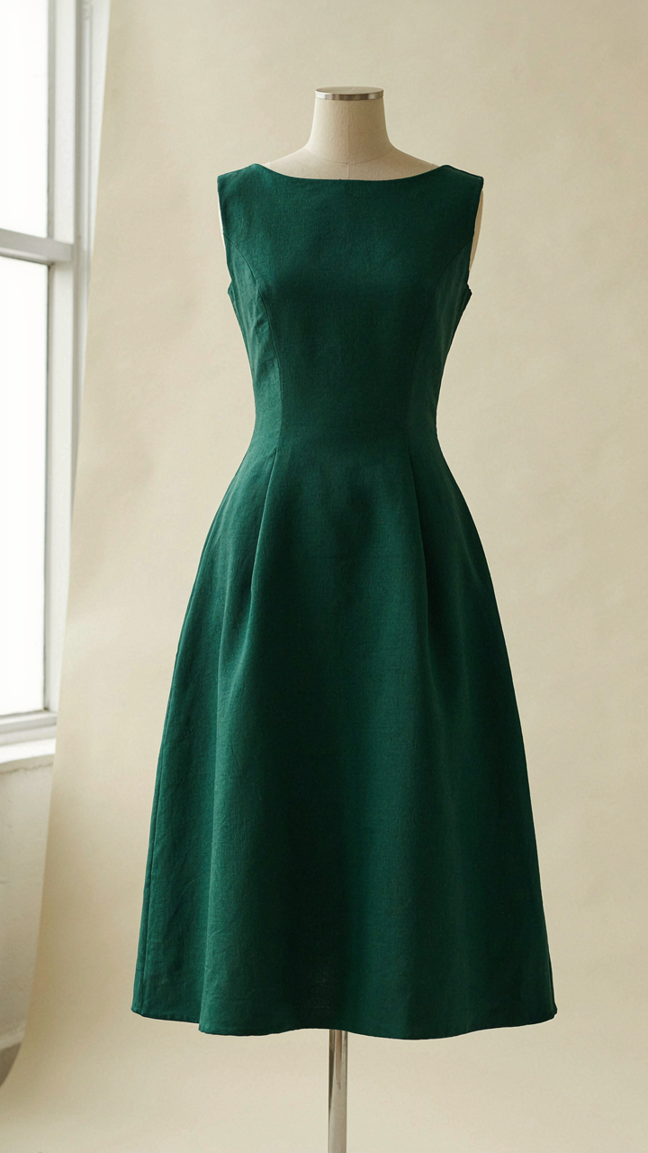 A close-up of a structured mikado fabric dress on a dress form.