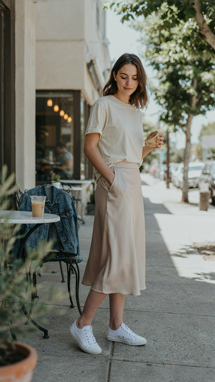 A satin midi skirt with white sneakers and an oversized cotton t-shirt for casual wear.