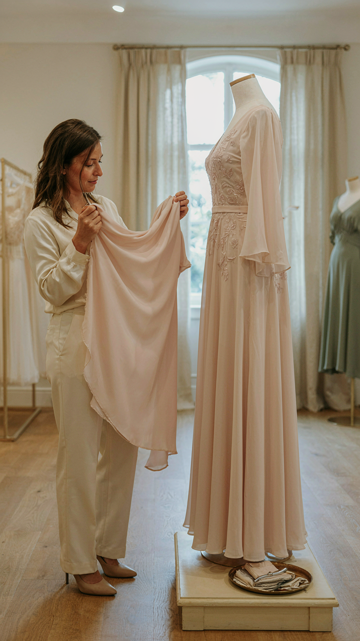 A woman examines the fabric of a designer rent a wedding guest dress.