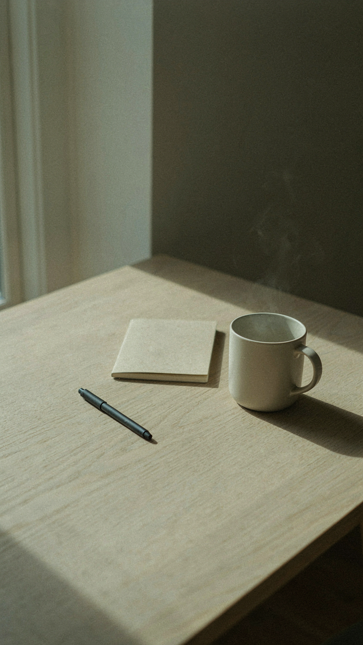A minimalist desk with a single pen, small notebook, and plain mug.