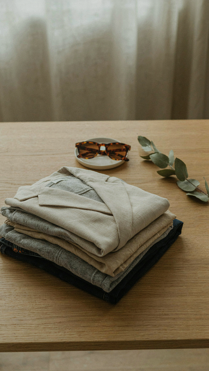 A stack of versatile clothing, including a linen shirt and dark jeans, sits on a wooden table.