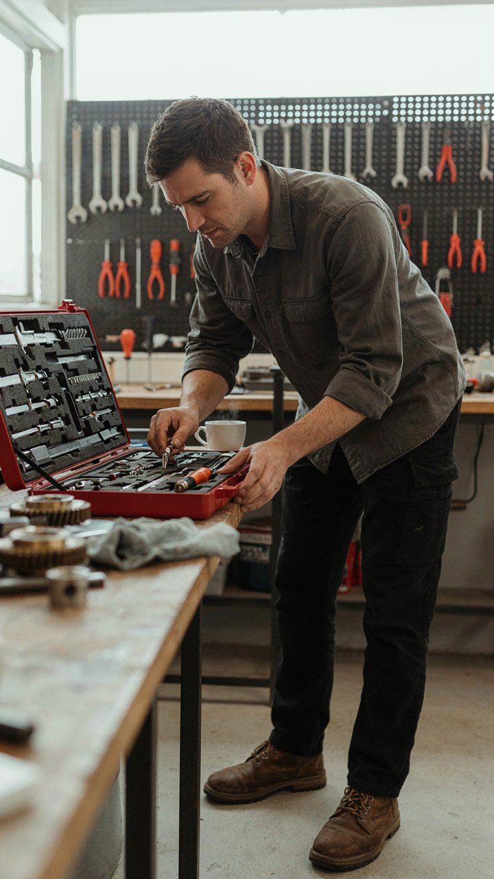 An engineer precisely chooses a tool from an organized toolbox, showing efficiency.