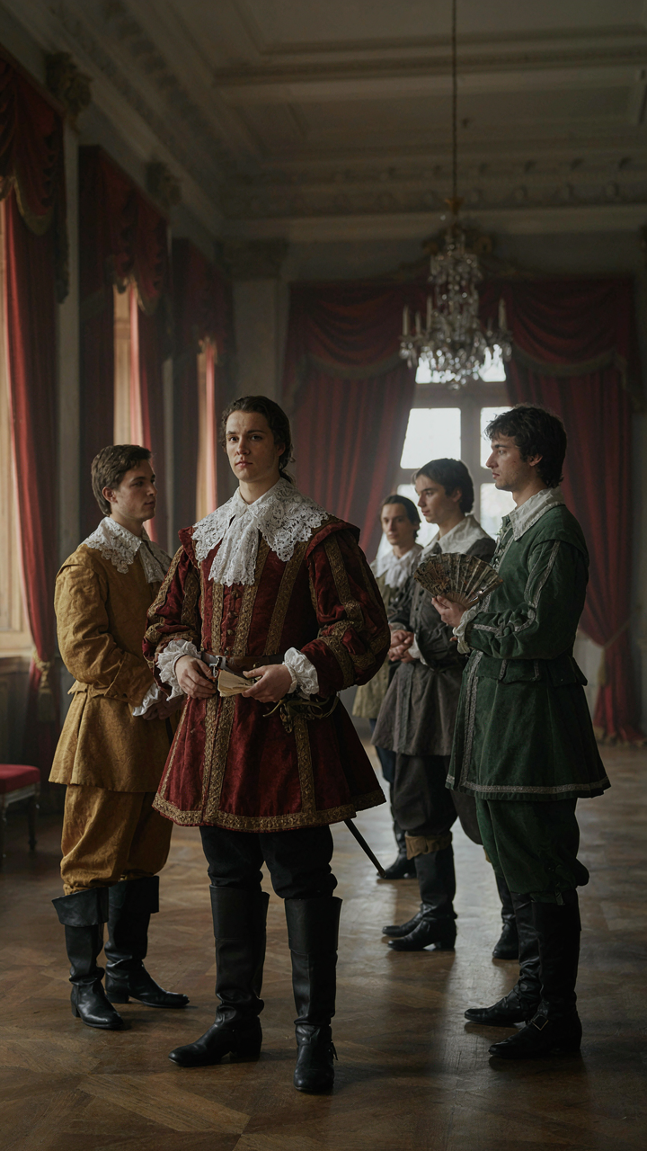 A 17th-century noble in restrictive, elaborate clothing in a European court.