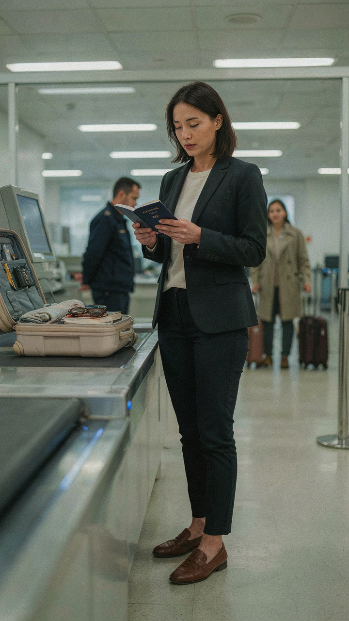 Woman thoughtfully inspecting her open carry-on bag at airport security.
