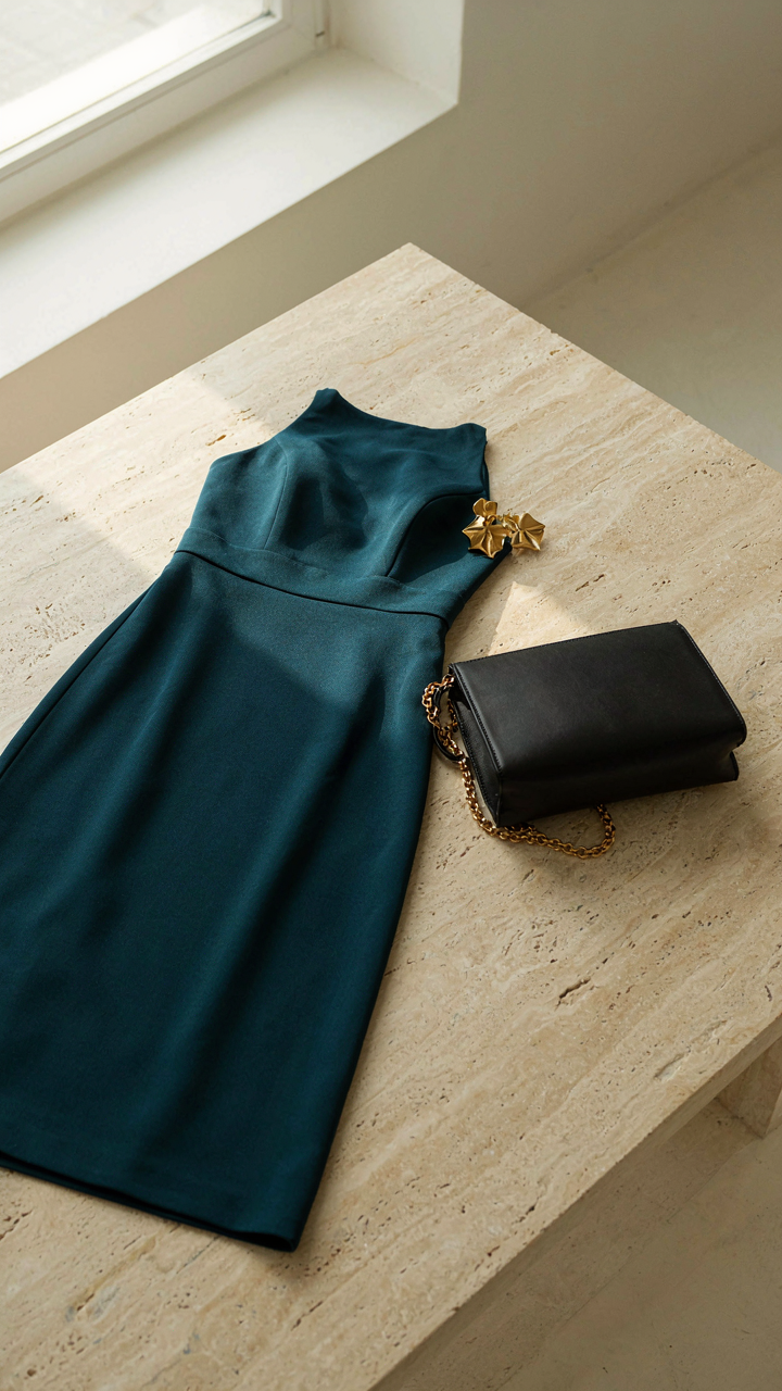 A deep teal cocktail dress is accessorized with gold earrings and an evening bag.